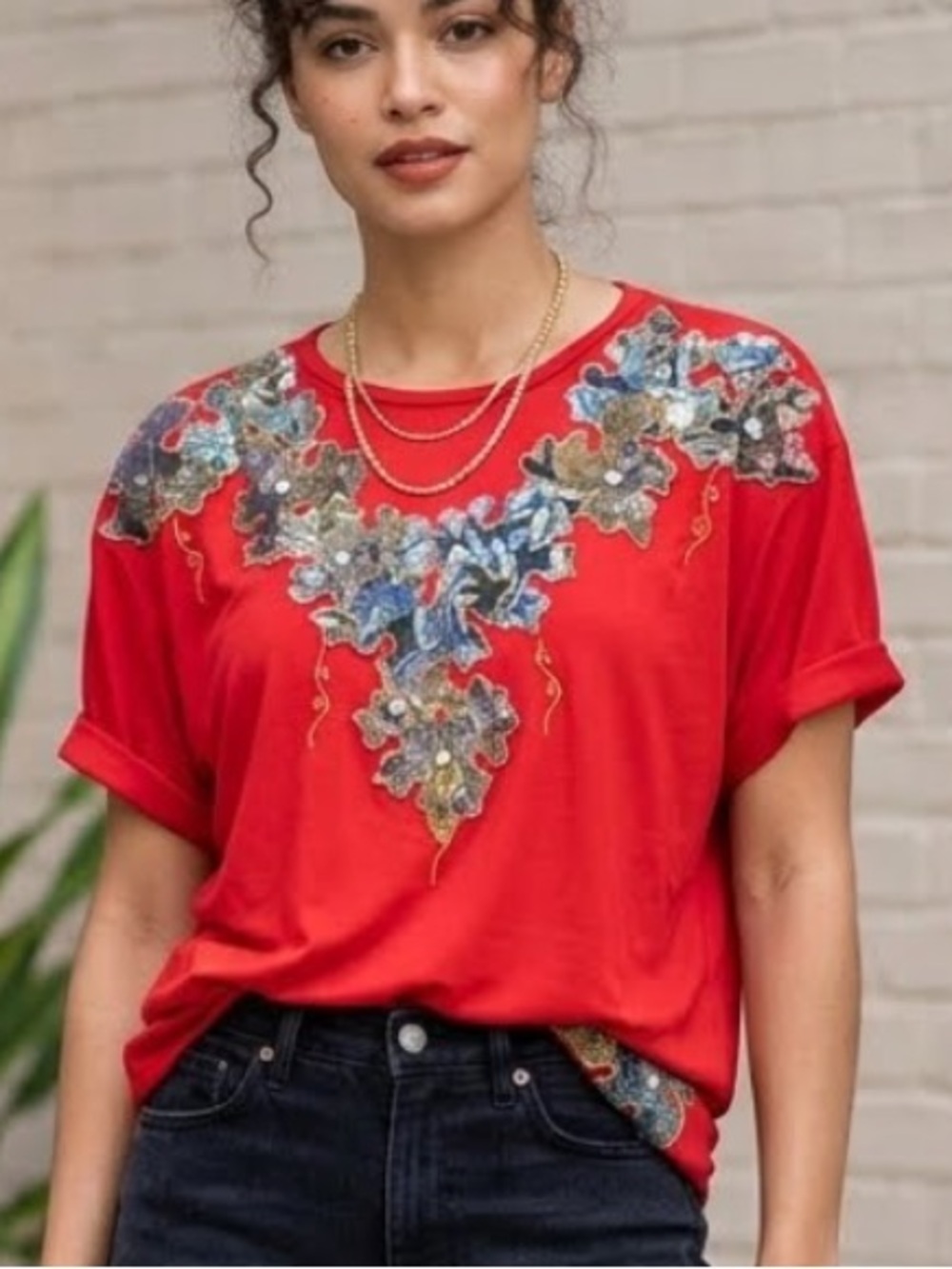 Vintage 80’s 90’s Apparel World Red Embellished Short Sleeve Tee T Shirt Large